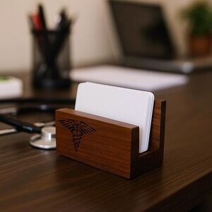 Vintage Wooden Business Card Holder with Caduceus Medical Desk Decor Doctor Gift